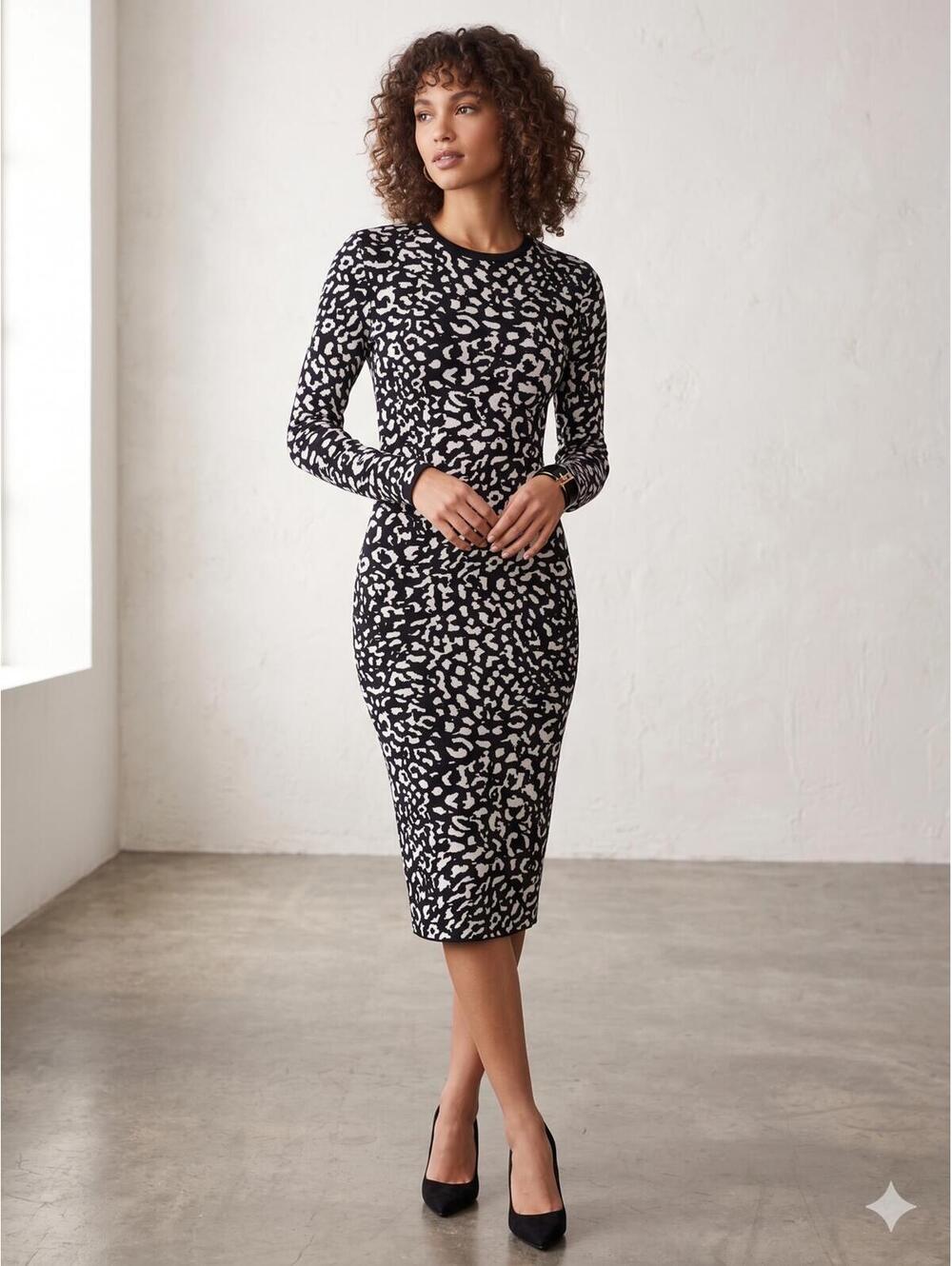Express Black & White Leopard Print Sweater Midi Dress – XXS
